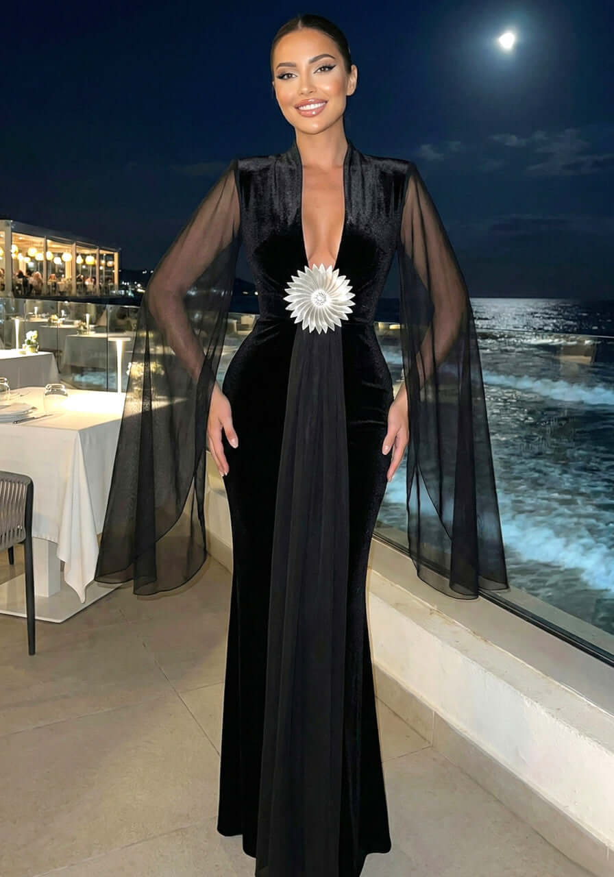 black dress with sheer cape Everly | Black Hand-Embellished Cape-Sleeve Maxi Dress