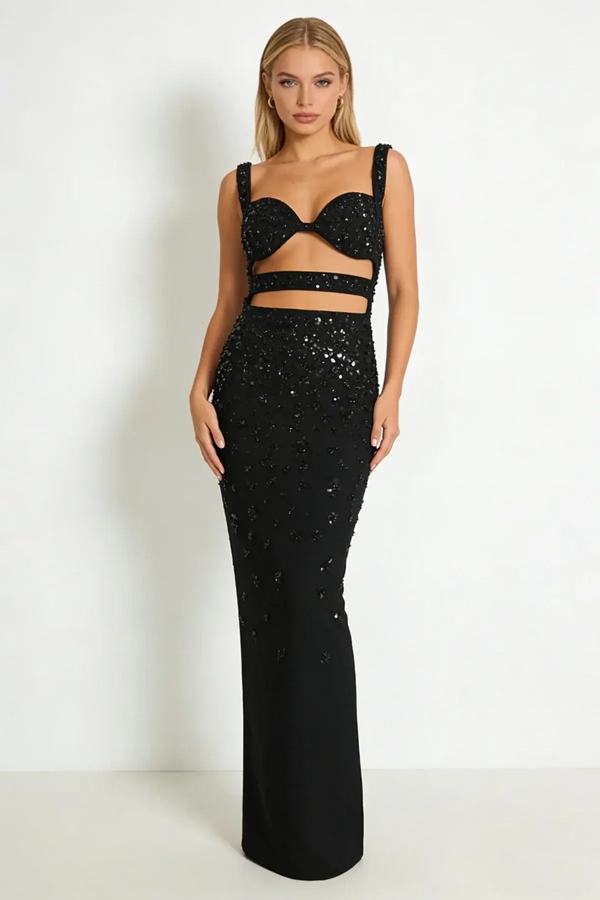 white christmas dresses Crystal Cut Out Maxi Dress in Black