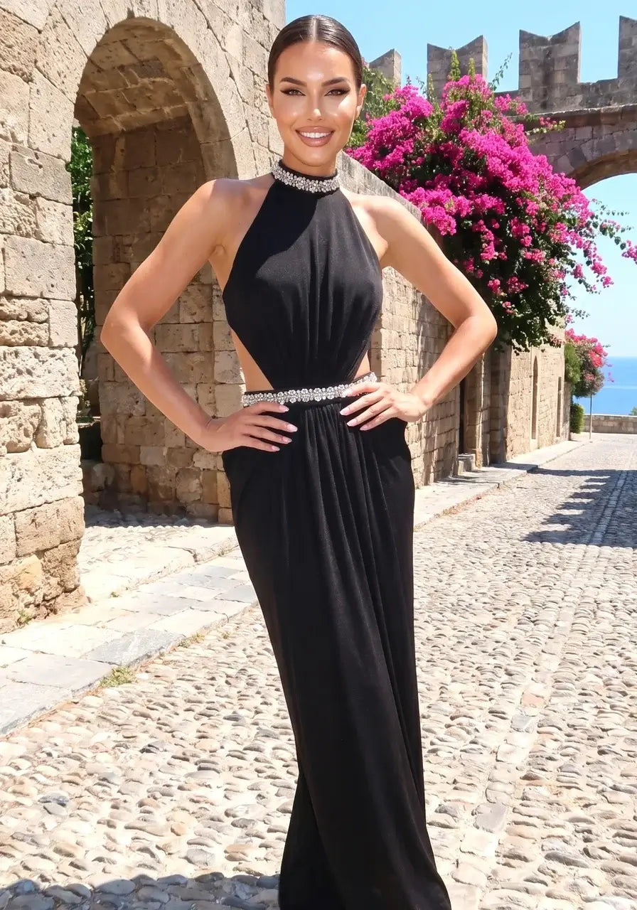 Black Embellished Halter Neck Maxi Dress