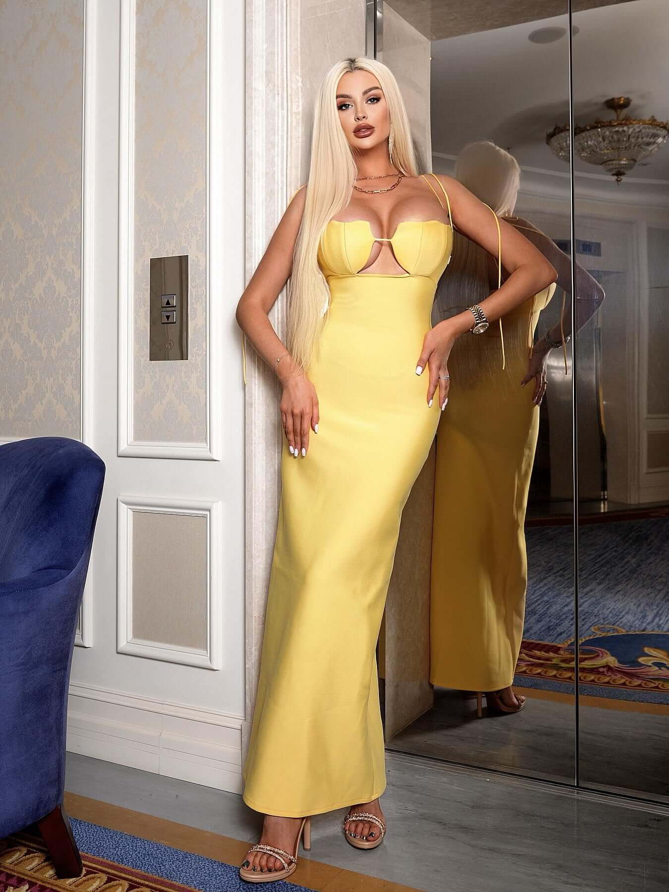 Lace-Up Maxi Bandage Dress Yellow