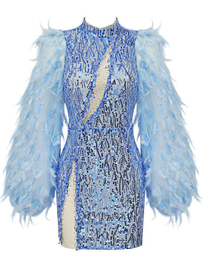 Blue Feather Long Sleeves Sequins Mini Dress