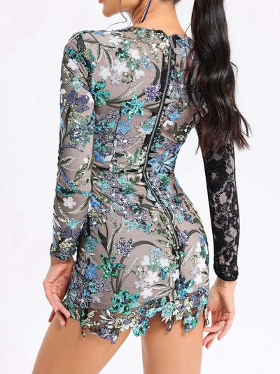 Image of a sophisticated Long Sleeve Lace Sequin Floral Dress