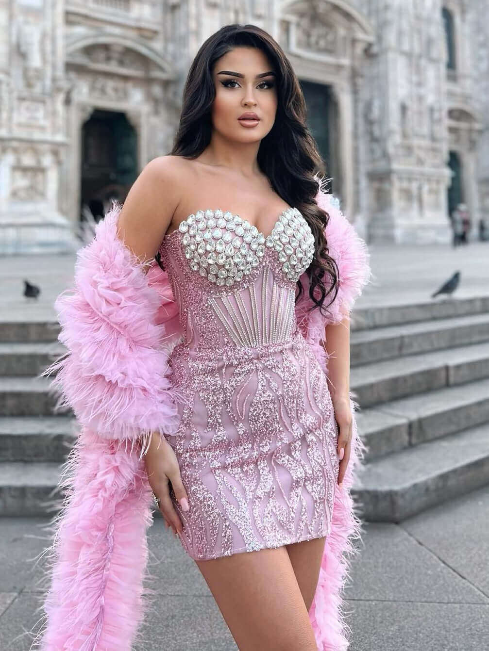 Pink Feather Scarf Strapless With Crystal Sequins Mini Dress