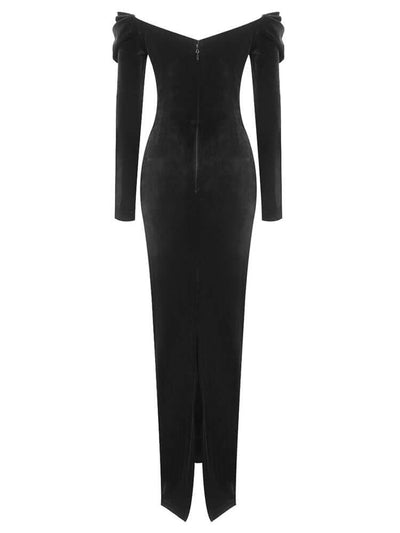 Long Sleeve Crystal Corset Maxi Velvet Dress Black back view showcasing invisible zipper and luxurious velvet material