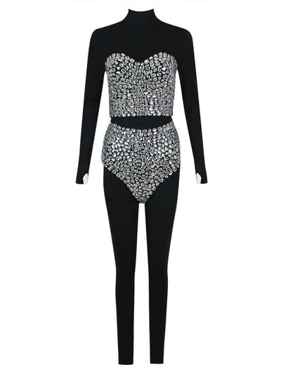 Long Sleeve Crystal Three Piece Jumpsuit Black