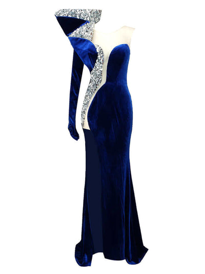Elegant one-shoulder velvet maxi dress with a high slit for a sophisticated look