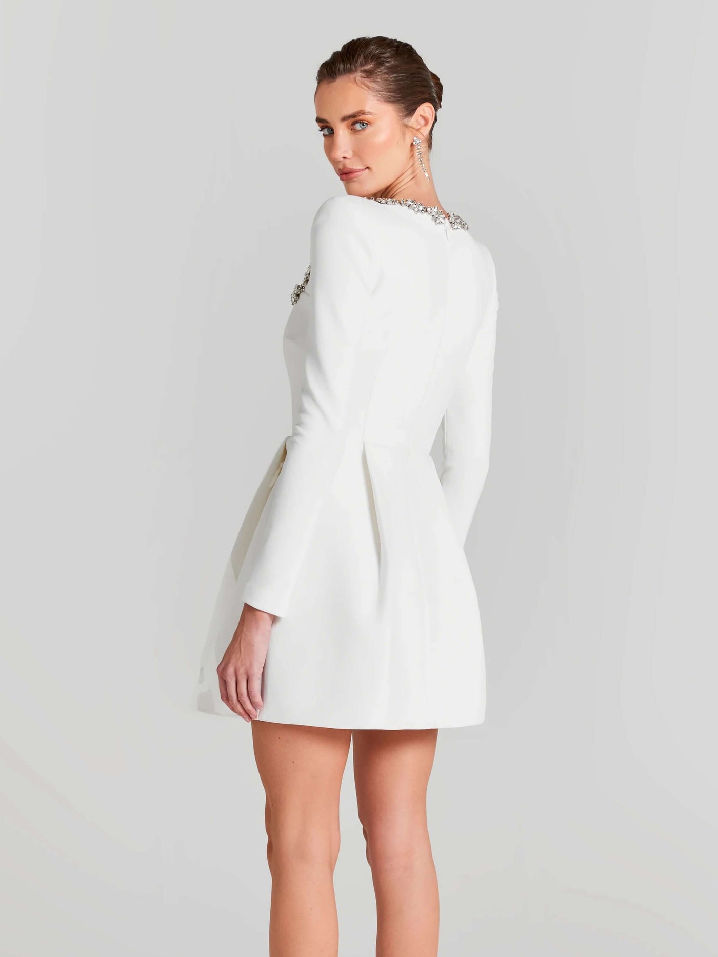 White long sleeve A-line dress with crystal detailing