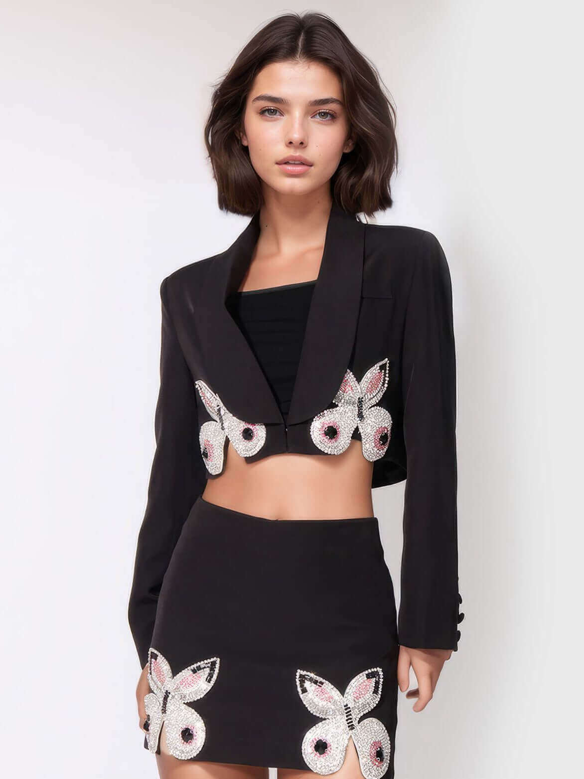 Two Peice Set Butterfly Short Jacket & Mini Skirt