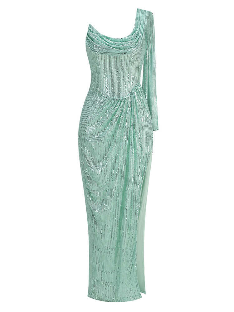 Olivia Draped Green Sequin Maxi Dress with Thigh-High Split