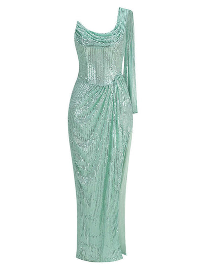 Olivia Draped Green Sequin Maxi Dress with Thigh-High Split