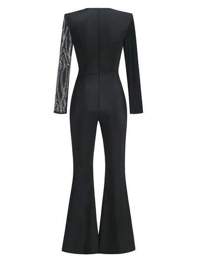 Black Crystal Jumpsuit: Elegant Long Sleeve Design