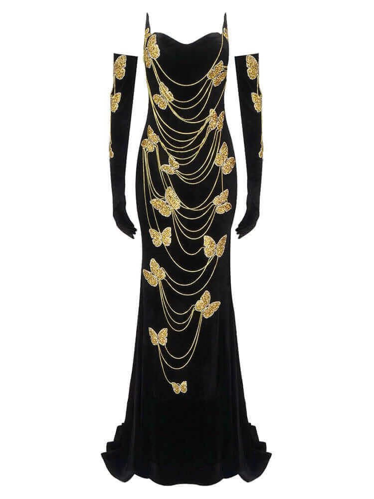 Velvet Maxi Dress With Pretty Butterfly Chain