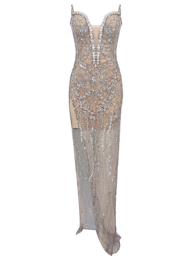 High Split Crystal Beads Maxi Dress with intricate sequin detailing and slight stretch, featuring an invisible zipper at the back.