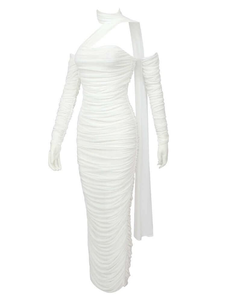 White Mesh Maxi Dress With Gloves