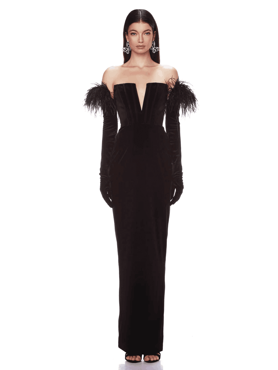 Strapless Feather Gloves Design Black Bandage Gown