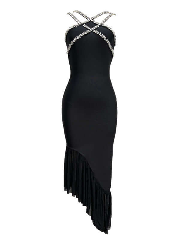 Black Halter Crystal Ruffle Midi Dress - Elegant evening attire with crystal accents