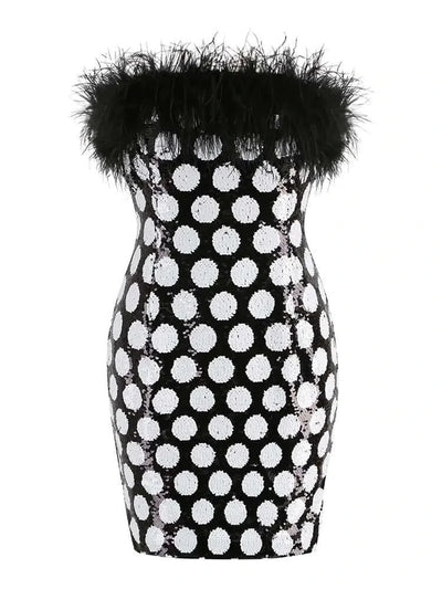 Polka Dot Color Blocking Ostrich Feather Mini Dress
