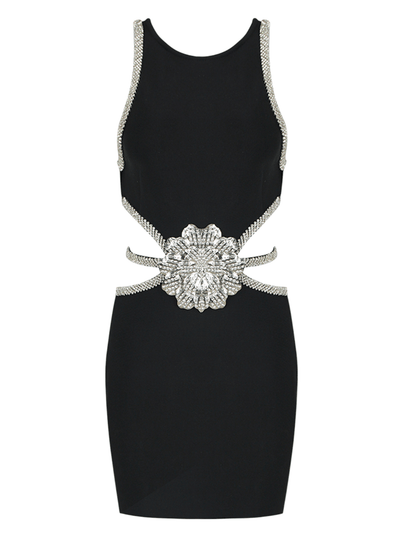 Black Mini Dress with Diamond Flower Cut-Outs - Edgy Glamour for the Night