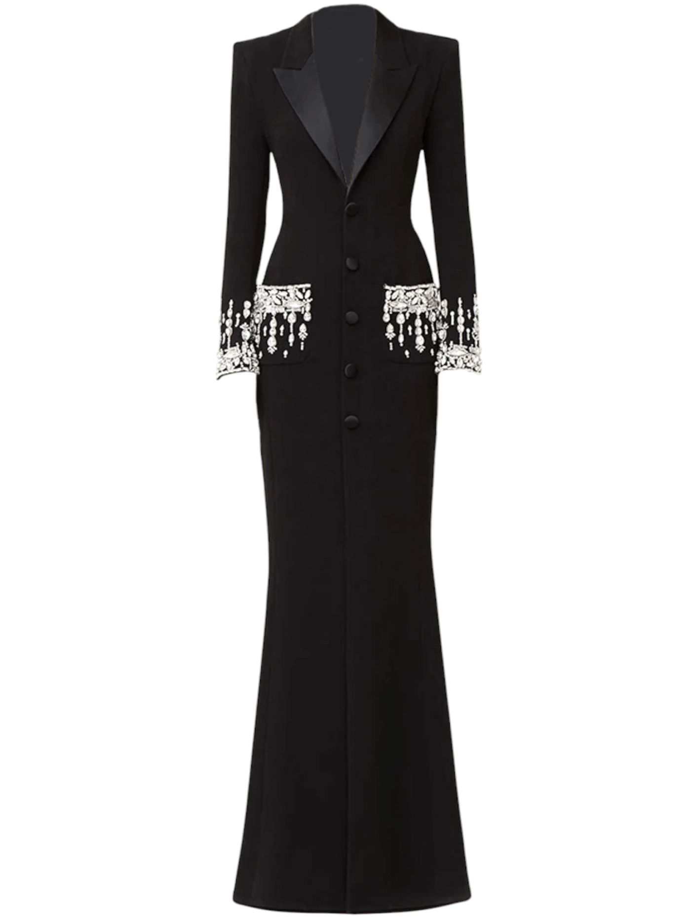Black Crystal Sequin Maxi Coat Dress with Long Sleeves