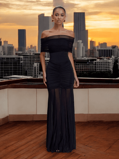 Black off-shoulder slinky mesh maxi dress – elegant bodycon evening gown for women