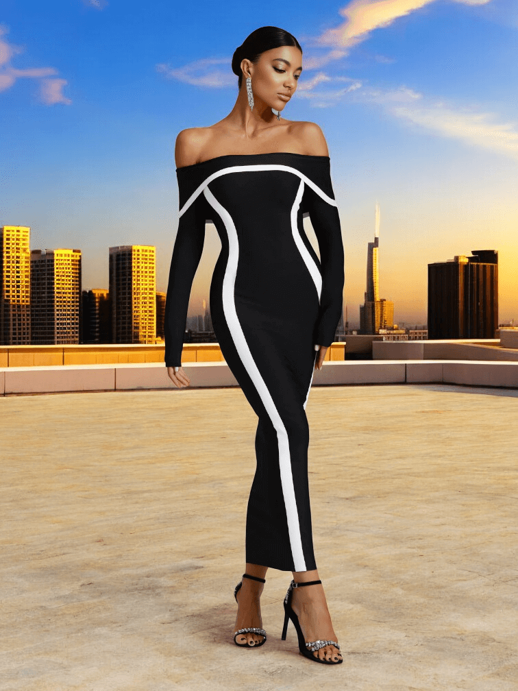 Model Wearing Yuka Off-Shoulder Bandage Stripe Maxi Dress with Heels