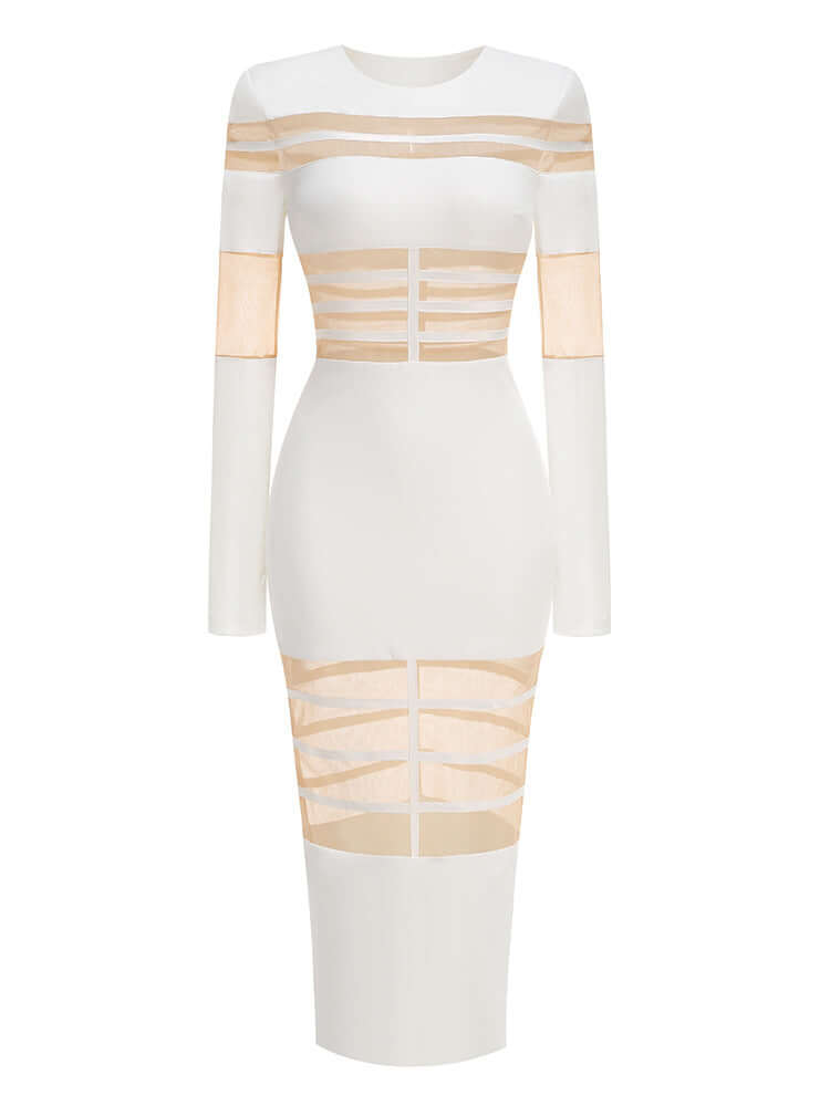 Long Sleeve Mesh Insert Midi Dress White