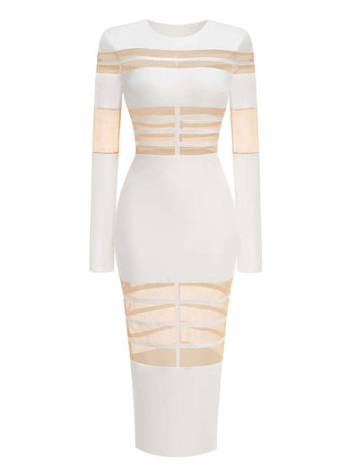 Long Sleeve Mesh Insert Midi Dress White