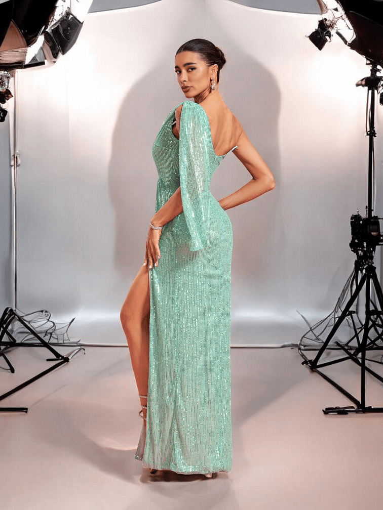Olivia Draped Green Sequin Maxi Dress with Thigh-High Split