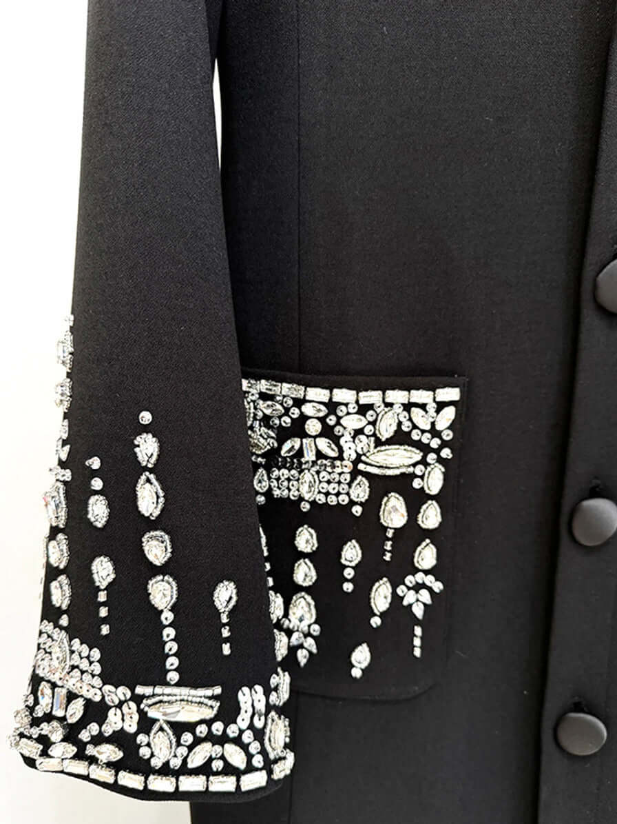 Black Crystal Sequin Maxi Coat Dress with Long Sleeves
