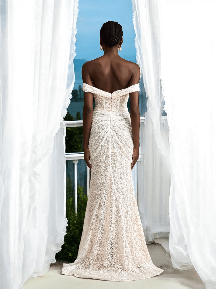 White Lira Sequin Draped Maxi Dress with sparkling details for luxury weddings and formal events.