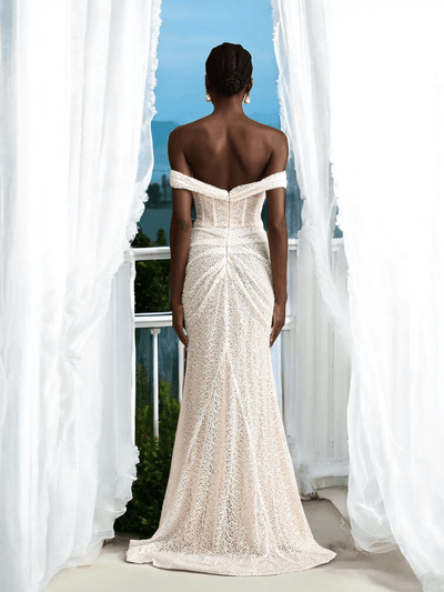 White Lira Sequin Draped Maxi Dress with sparkling details for luxury weddings and formal events.