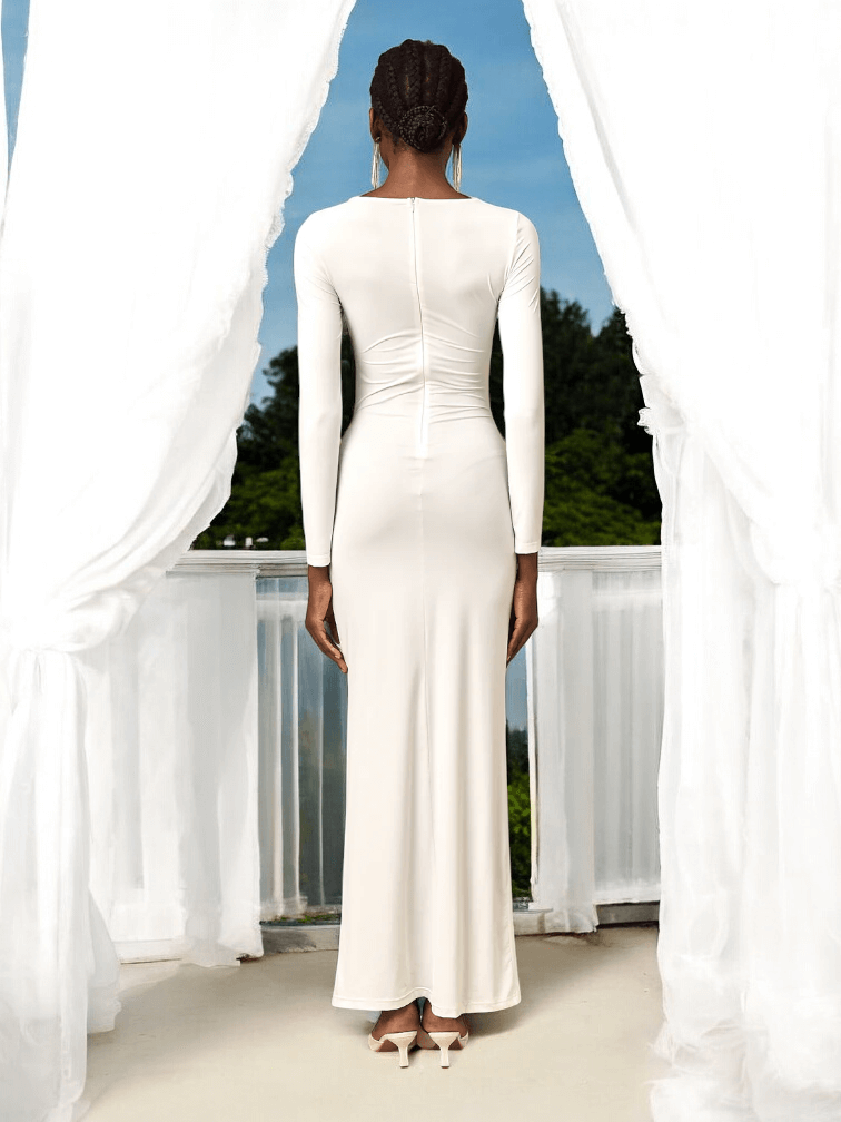 White pleated high neck dress for formal events