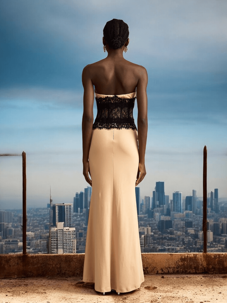 Vale Strapless Mermaid Dress with lace details for weddings and formal events.