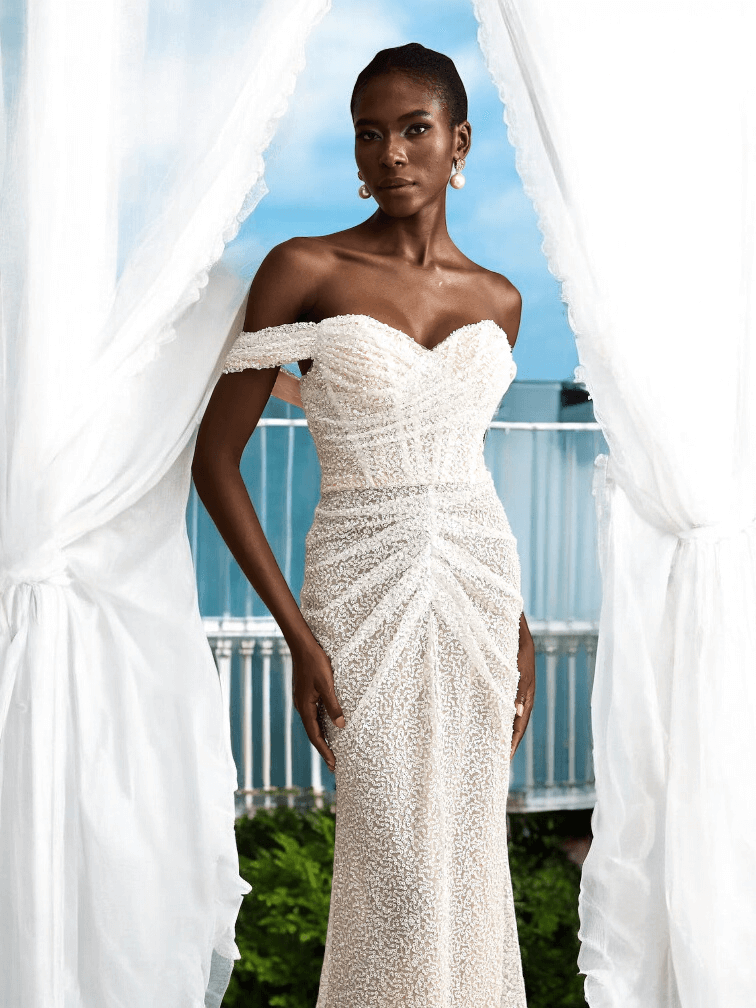 White Lira Sequin Draped Maxi Dress with sparkling details for luxury weddings and formal events.