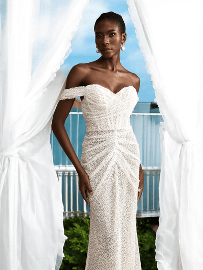 White Lira Sequin Draped Maxi Dress with sparkling details for luxury weddings and formal events.