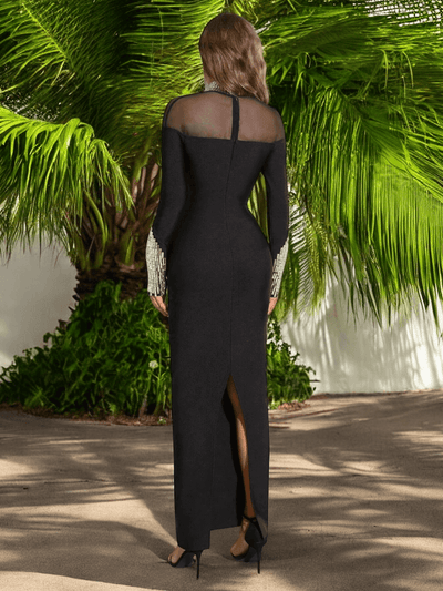 Black Stand Collar Rhinestone Bandage Dress with chic detailing, perfect for parties and special occasions.