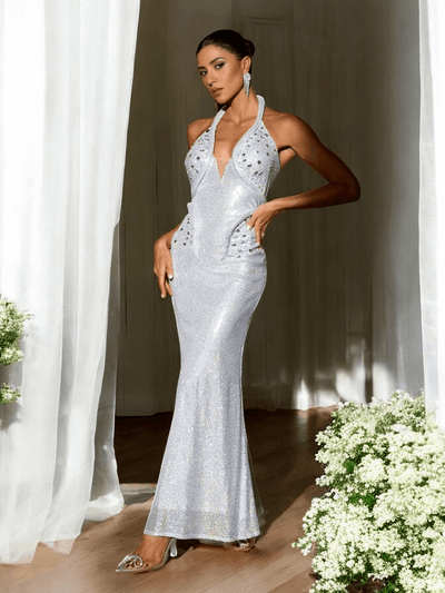 Shining Sequins Halter Neck Maxi Dress, glamorous sequin evening gown with halter neckline