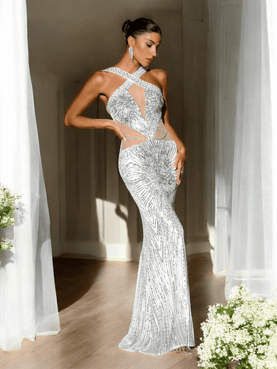 Silver Halter Sequin Maxi Dress with sparkling sequins and a flattering silhouette for weddings and formal events.