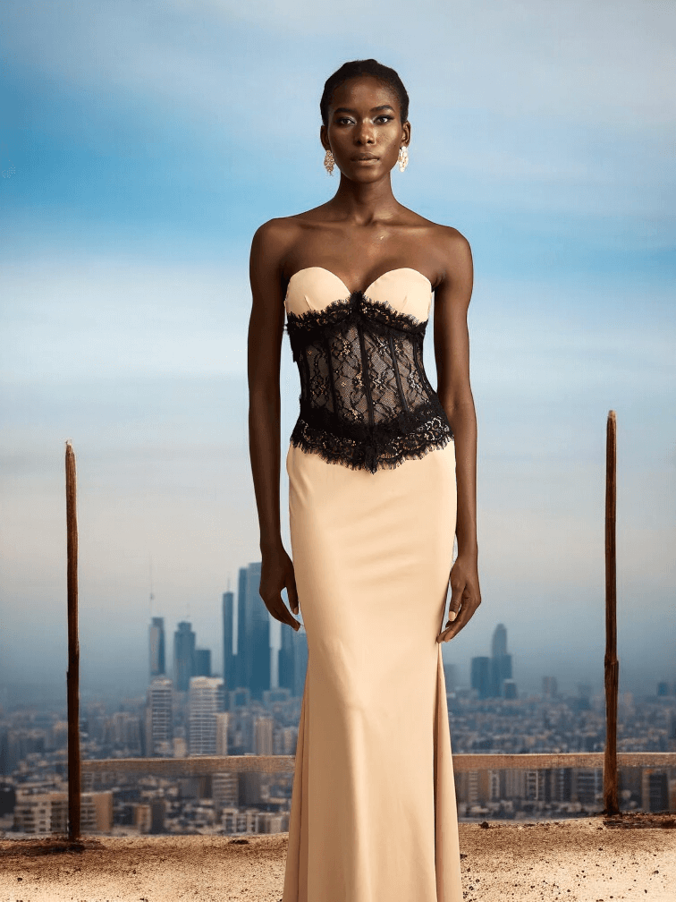 Vale Strapless Mermaid Dress with lace details for weddings and formal events.