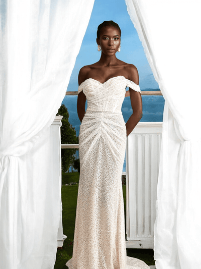 White Lira Sequin Draped Maxi Dress with sparkling details for luxury weddings and formal events.