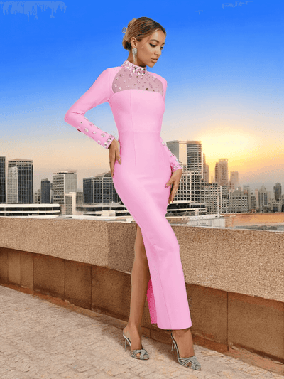 Pink diamond-embellished maxi dress displayed with luxury bandage material - Sene collection