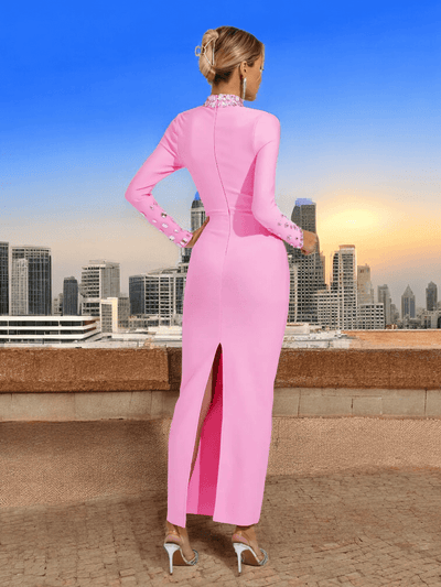 Pink diamond maxi dress with long sleeves - Sene’s signature bandage fit