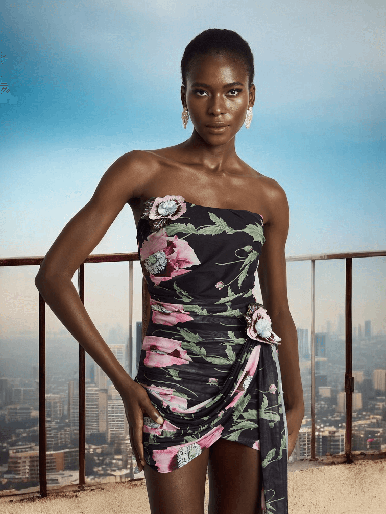 Floral Strapless Draped Mini Dress