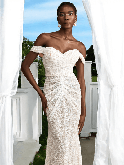 White Lira Sequin Draped Maxi Dress with sparkling details for luxury weddings and formal events.