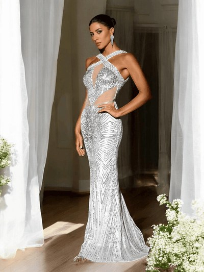 Silver Halter Sequin Maxi Dress with sparkling sequins and a flattering silhouette for weddings and formal events.