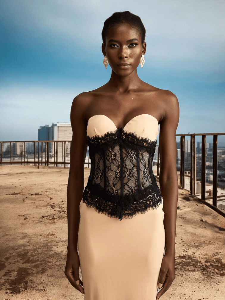 Vale Strapless Mermaid Dress with lace details for weddings and formal events.