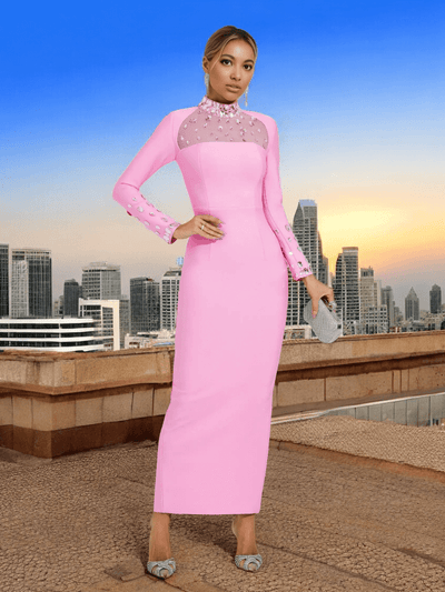 Sene pink diamond bandage maxi dress with long sleeves - bodycon evening gown for galas