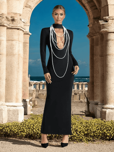 Pearl Chain Beaded Embellished Bandage Dress In Black