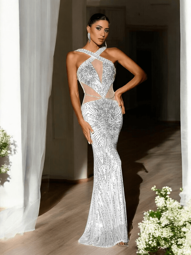 Silver Halter Sequin Maxi Dress with sparkling sequins and a flattering silhouette for weddings and formal events.