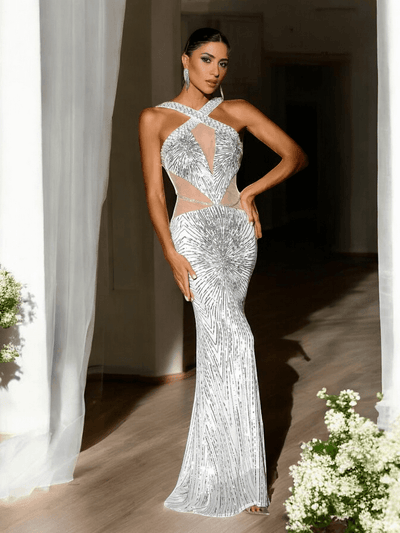 Silver Halter Sequin Maxi Dress with sparkling sequins and a flattering silhouette for weddings and formal events.
